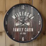 Rustic Family Name Cabin Cottage Lodge Retro Clock<br><div class="desc">Rustic modern wall clock with a trendy forest mountain range design with pine trees,  woods and birds surrounded by your custom family name on printed dark wood panel background,  a personalizable name of your cottage,  cabin,  lake house or any other,  as well as the year established.</div>