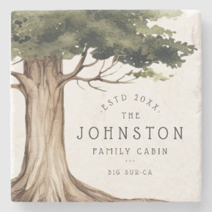Rustic Family Name Cabin Watercolor Forest Tree Stone Coaster
