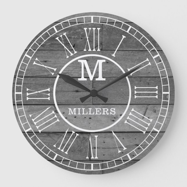 Rustic Family Name Gray Wood Plank Monogram Large Clock (Front)