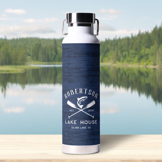 Rustic Family Name Lake House Navy Blue Wood Water Bottle (Creator Uploaded)