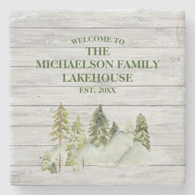 Rustic Family Name Monogram Lake House Stone Coaster (Front)