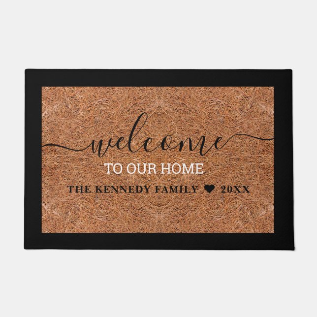 Rustic Family Name Personalized Coir Welcome Doormat (Front)