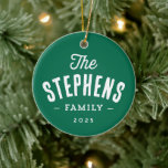 Rustic family name simple green photo Christmas Ceramic Ornament<br><div class="desc">This one photo Christmas ornament features a rustic type treatment for your family name and year on one side and a large photo on the back. This simple green design is great as a newlywed ornament and can have an Est. date on the front with a wedding photo on the...</div>