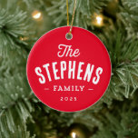 Rustic family name simple one photo red Christmas Ceramic Ornament<br><div class="desc">This one photo Christmas ornament features a rustic type treatment for your family name and year on one side and a large photo on the back. This simple design is great as a newlywed ornament and can have an Est. date on the front with a wedding photo on the back....</div>