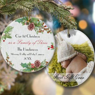 Rustic Family of 3  1st Xmas Newborn Best Gift   Ceramic Ornament