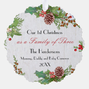 Rustic Family of 3 1st Xmas Newborn Best Gift Ornament Card