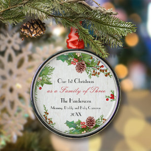 Rustic Family of 3 New Baby 1st Xmas Milestone Metal Ornament