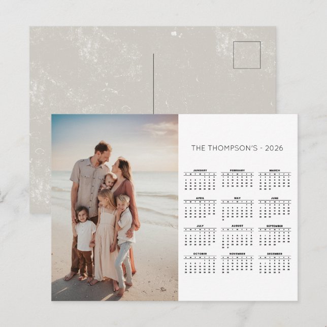 Rustic Family Photo 2026 Calendar 12 Month  Holiday Postcard (Front/Back)