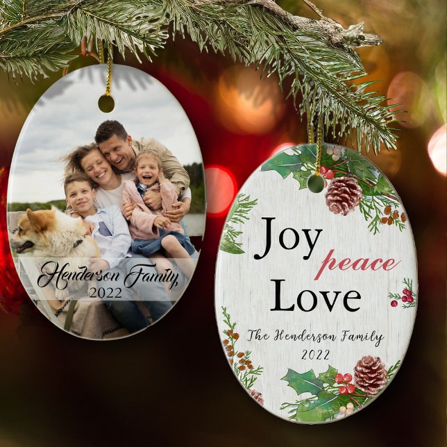 Rustic Family Photo 2-sided Joy Peace Love Xmas Ceramic Ornament (Creator Uploaded)