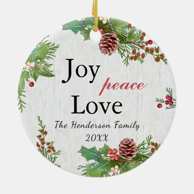 Rustic Family Photo 2-sided Joy Peace Love Xmas Ceramic Ornament (Back)