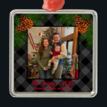 Rustic family photo Christmas grey plaid pinecone Metal Ornament<br><div class="desc">Rustic country up-north feeling ! Grey and Black plaid - pine cones - holiday cheer,  elegant script calligraphy text! Customizable - change text style add your own photo,  make it your own!</div>