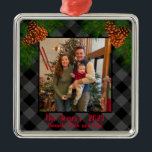 Rustic family photo Christmas grey plaid pinecone Metal Ornament<br><div class="desc">Rustic country up-north feeling ! Grey and Black plaid - pine cones - holiday cheer,  elegant script calligraphy text! Customizable - change text style add your own photo,  make it your own!</div>