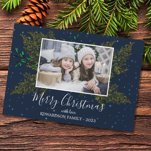 Rustic family photo collage Merry Christmas card (Beautiful winter greenery, botanical Merry Christmas photo Holiday card. )