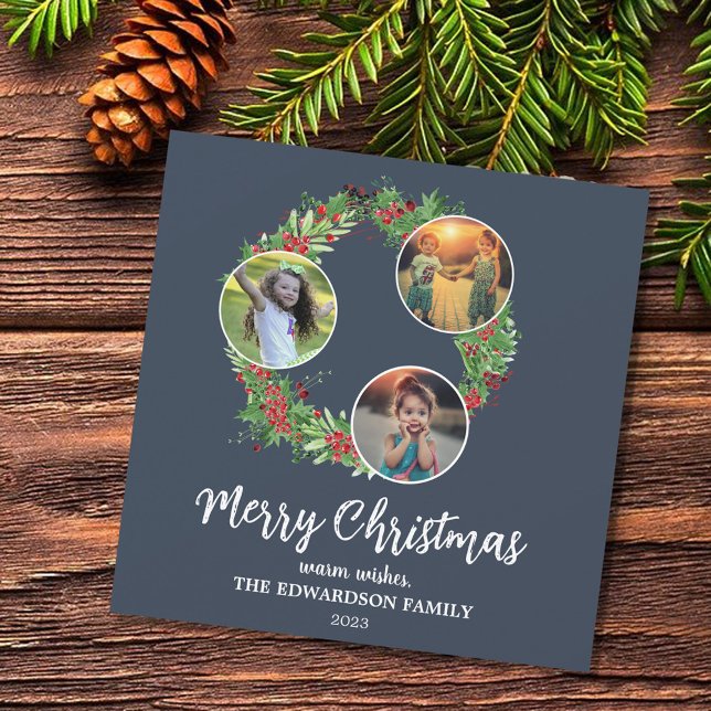 Rustic family photo collage Merry Holiday card (Rustic holly wreath Merry Christmas photo collage holiday card.)