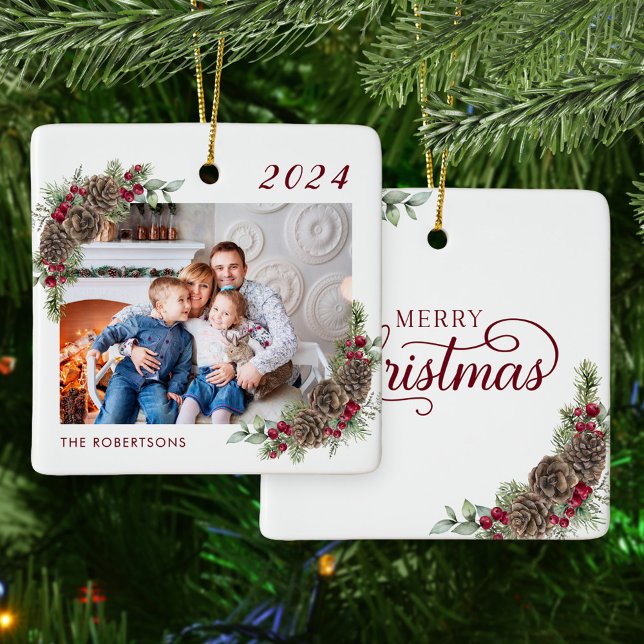 Rustic Family Photo Merry Christmas Ceramic Ornament (Creator Uploaded)