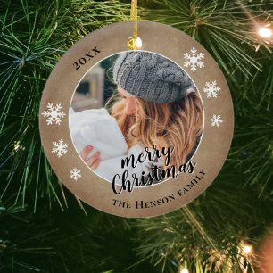 Rustic Family Photo Snowflake Merry Christmas Ceramic Ornament