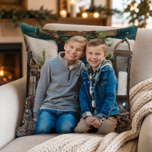 Rustic Family Photo Two Sided Christmas Throw Pillow