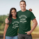 Rustic Family Reunion Cabin Woods Retro T-Shirt<br><div class="desc">Rustic modern family reunion T-shirt with a trendy forest mountain range design with pine trees,  woods,  and birds surrounded by your custom family name on printed dark wood panel background,  a personalizable name of your cottage,  cabin,  lake house,  or any other,  as well as the date of the celebration.</div>