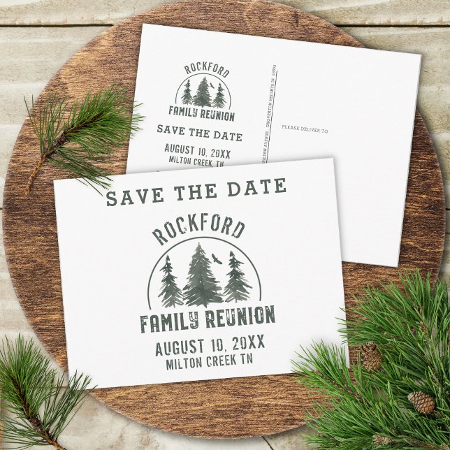 Rustic Family Reunion Forest Trees SAVE THE DATE Invitation Postcard (Creator Uploaded)
