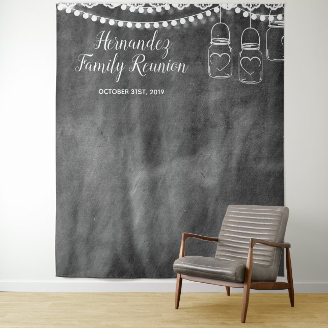Rustic Family Reunion Photo Booth Backdrop Tapestry (In Situ)