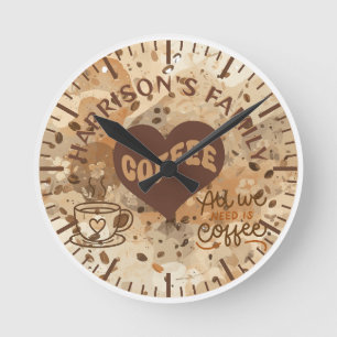Rustic Family Surname Coffee Bar Wall Clock