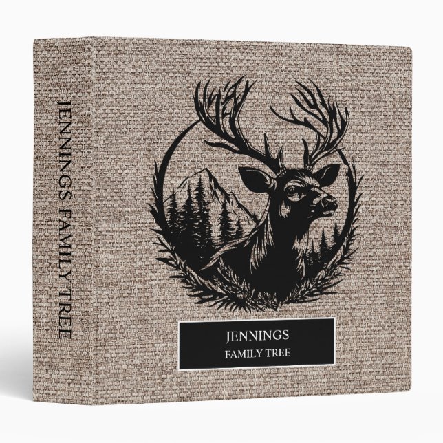 Rustic Family Tree Genealogy Deer Antlers Burlap Binder (Front/Spine)