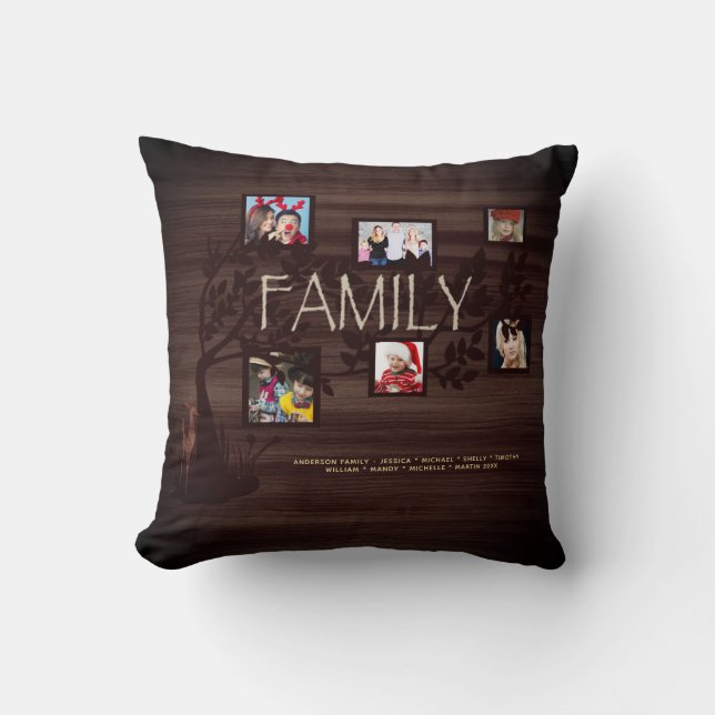 Rustic FAMILY TREE PHOTO COLLAGE Buffalo Plaid 2 Throw Pillow (Front)