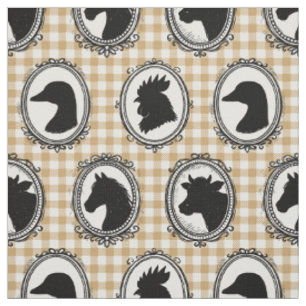 Rustic Farm Animal Barnyard Check Black Khaki Fabric