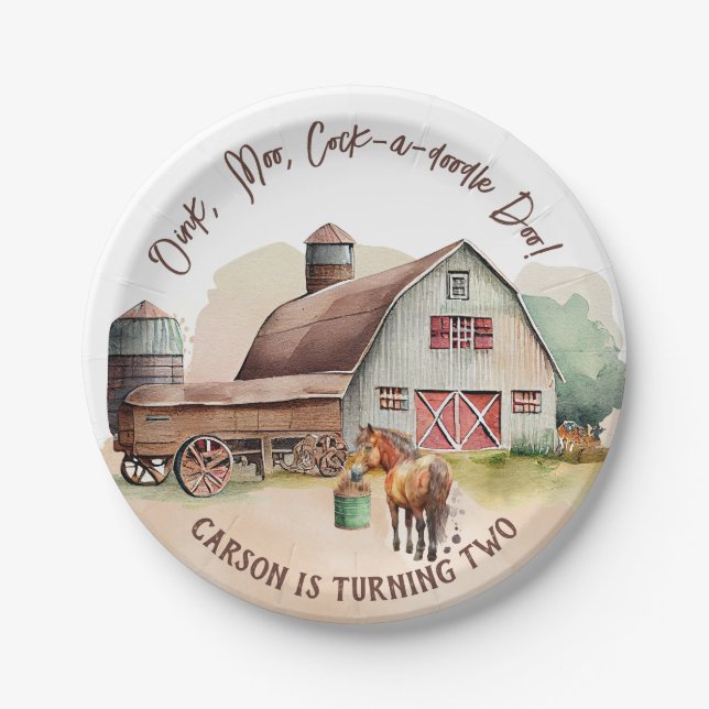 Rustic Farm Animal Tractor Boys Birthday  Paper Plate (Front)