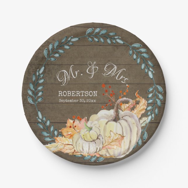 Rustic Farm Autumn Leaf Watercolor Pumpkin Wedding Paper Plate (Front)
