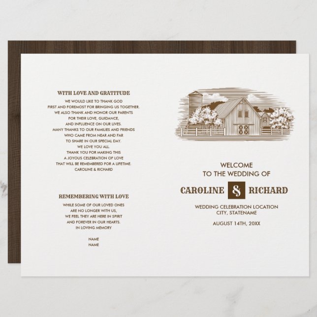 Rustic Farm Barn Wood Wedding Folded Program (Front/Back)