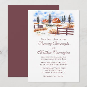 Rustic Farm Burgundy Watercolor Winter Wedding Invitation
