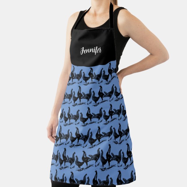 Rustic farm chickens blue family monogram name apron (Insitu)