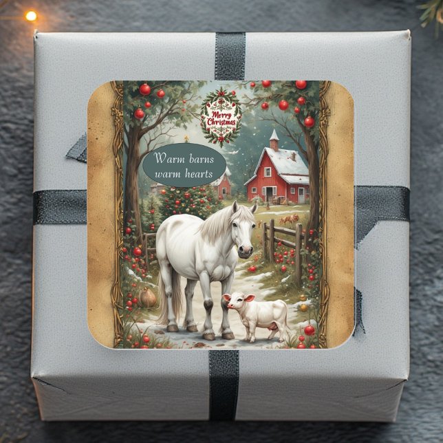 Rustic Farm Horse Lamb Red Barn Merry Christmas  Square Sticker (Rustic Farm Horse Lamb Red Barn Merry Christmas Square Sticker)