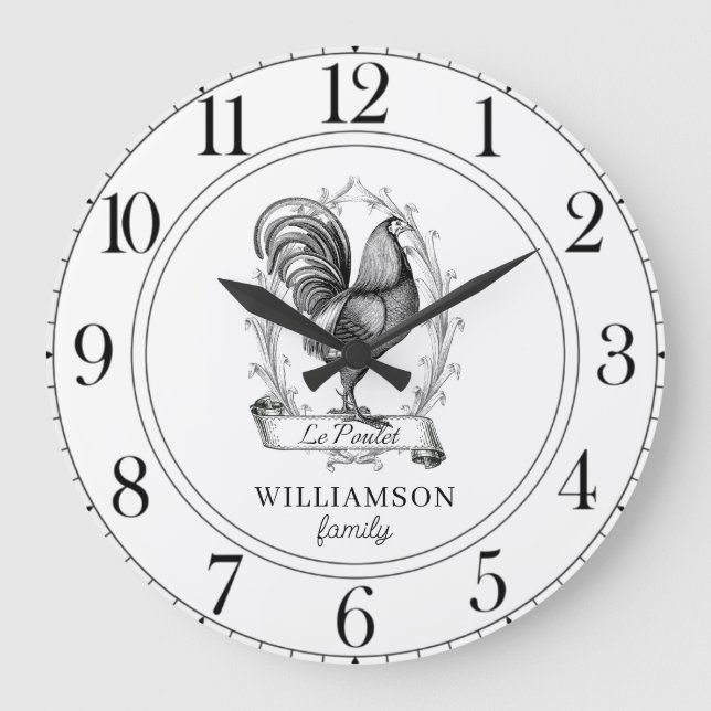 Rustic Farm House Chickens Family Name Large Clock (Front)