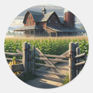 Rustic Farm House with a Cornfield Ai Art Classic Round Sticker