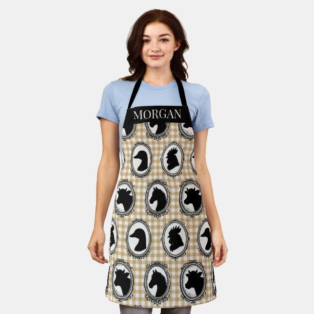 Rustic Farm Kitchen Barnyard Gingham Black & Khaki Apron (Worn)