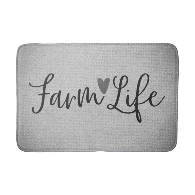 Rustic Farm Life Grey Burlap Texture Whimsical Bath Mat (Front)