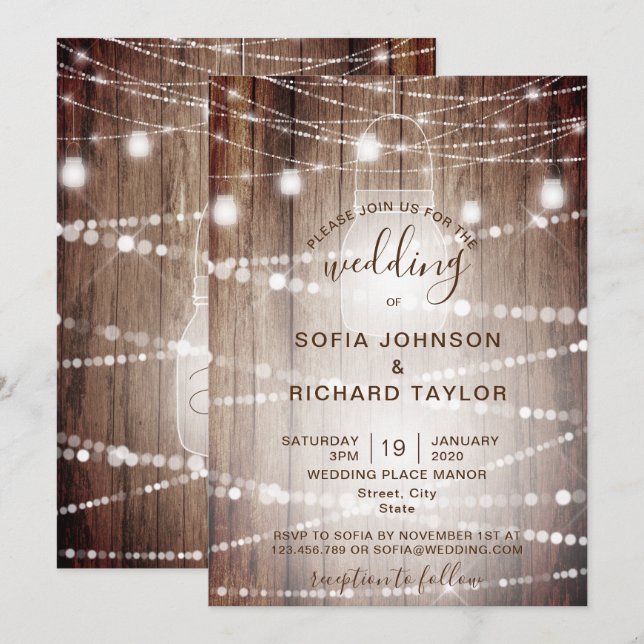 Rustic Farm Light Jar Vintage Wood Invitation (Front/Back)