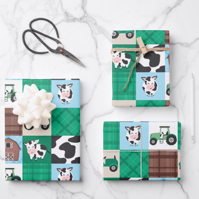 Rustic Farm Patchwork Cow Plaid Kids Birthday Wrapping Paper Sheet (Front)
