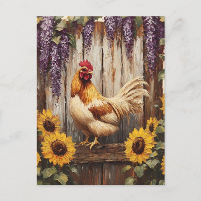 Rustic Farm Rooster with Sunflowers and Wisteria Postcard (Front)