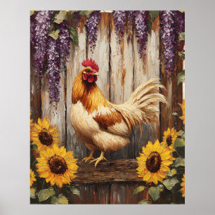 Rustic Farm Rooster with Sunflowers and Wisteria Poster