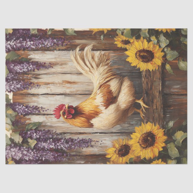 Rustic Farm Rooster with Sunflowers and Wisteria Tissue Paper (Front)