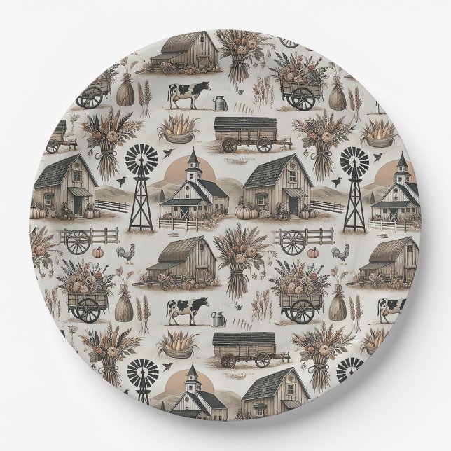 Rustic Farm Scene Paper Plate (Front)