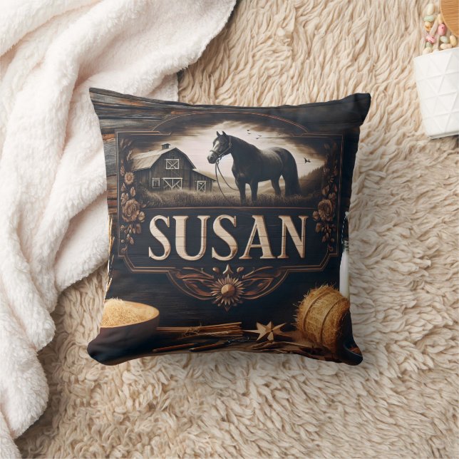 Rustic Farm Sign Featuring Horse and Barn Throw Pillow (Blanket)