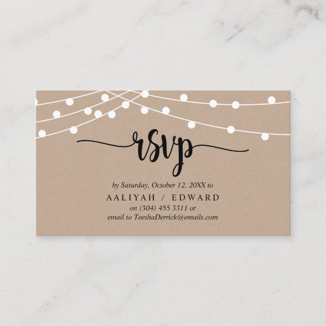 Rustic Farm String lights, Black, RSVP respond Enclosure Card (Front)