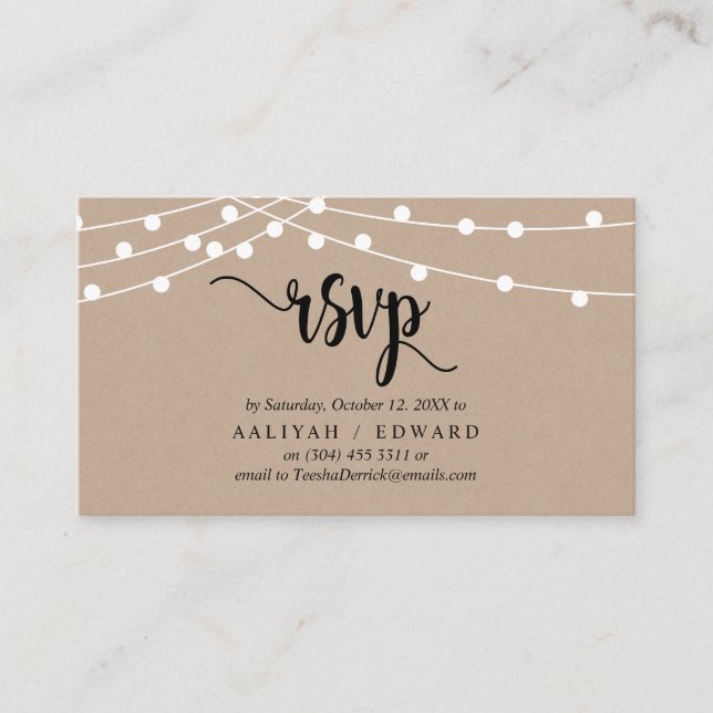 Rustic Farm String lights, Black, RSVP respond Enclosure Card (Front)