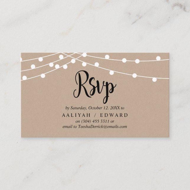 Rustic Farm String lights, Black, RSVP respond Enclosure Card (Front)