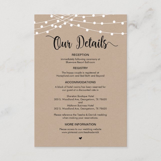 Rustic Farm String Lights design, Wedding Details Enclosure Card (Front)