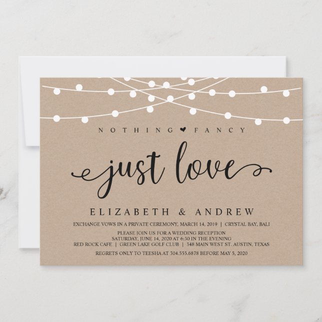 Rustic Farm String Lights, Kraft Wedding Elopement Invitation (Front)